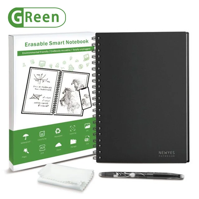 NEWYES Black Environmental A5 Wirebound Notebook Erasable Smart Notebook Paper Reusable for Writing with cloth and erasable pen