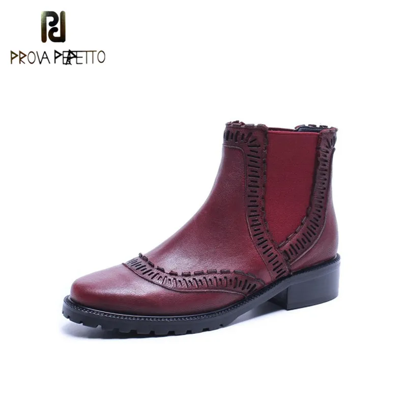 

Prova Perfetto Popular British Style Genuine Leather Ankle Martin Boot Fashion Wine Red Round Toe Slip-on Low Heel Women Boots