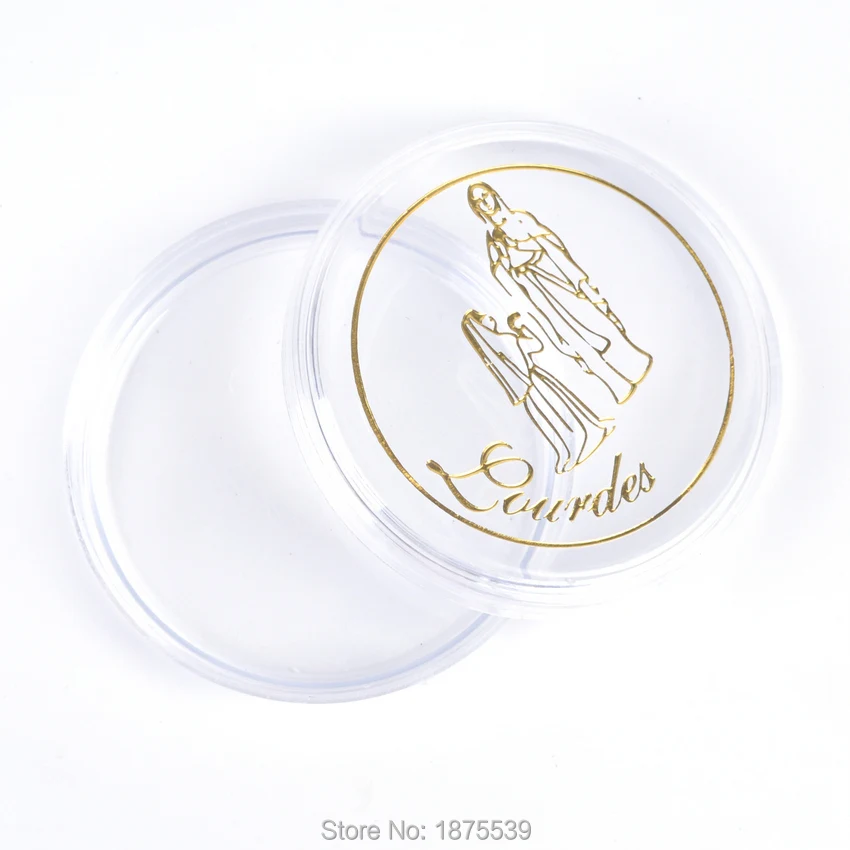 

Round Catholic Plastic Box For Our Lady of Lourdes Rosary Packing