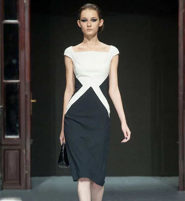 New Fashion 2015 European Summer Black White Contrast Color OL Dress