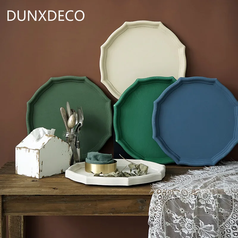 

DUNXDECO Home Office Storage Wooden Tray Key Accessories Cup Cake Holder Simple Cold Color Container Modern Artistic Room Decor