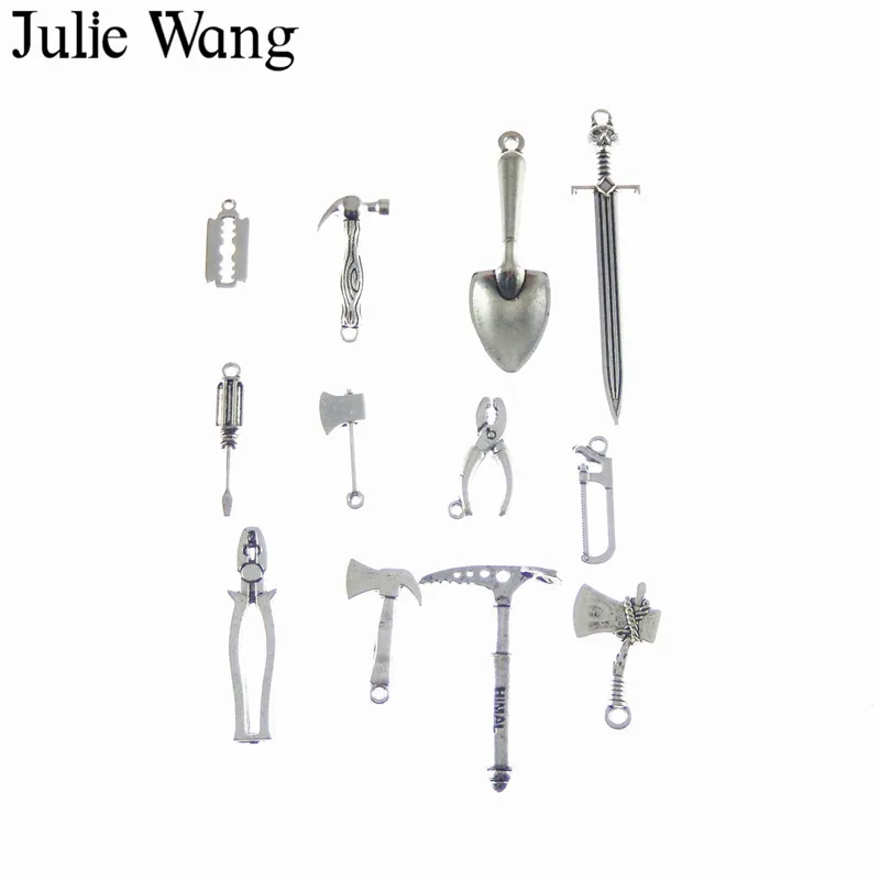 Julie Wang, 12 шт., античное серебро, инструмент Miexd, мини плоскогубцы, топор, пила, лопата, молоток, Очаровательное ожерелье, подвески, сделай сам, аксессуары для изготовления ювелирных изделий
