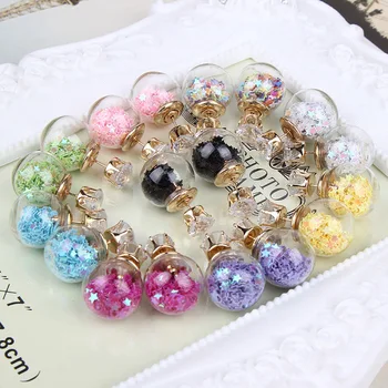 

12 pairs/lot Mix Color Fashion Stud Earrings Pendientes Brincos Glass Ball Star inside Double Side Earrings for Women