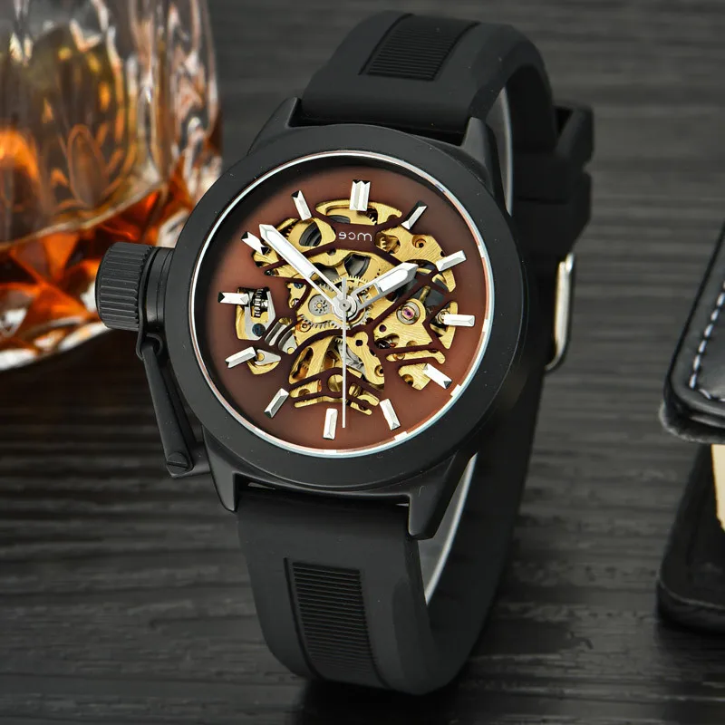 

Men Wristwatch Golden Skeleton Clock Mechanical Male Wrist Watch Black Relogio Masculino Automatic Zegarek Meski#G30
