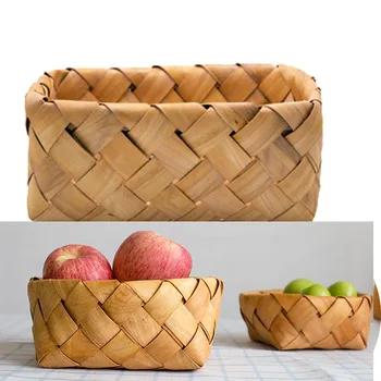 

Newly Handmade Wood Chips Woven Basket Kitchen Debris Storage Food Basket Fruit Vegetable Rectangle Basket