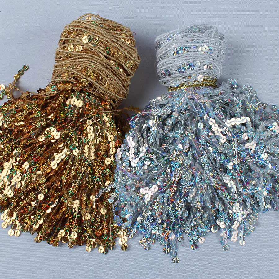 

6 Meters/lot Gold Holographic Sequins Tassel Fringe Decorative Curtain Lace Trims Ribbons DIY Clothing Accessories Patchwork