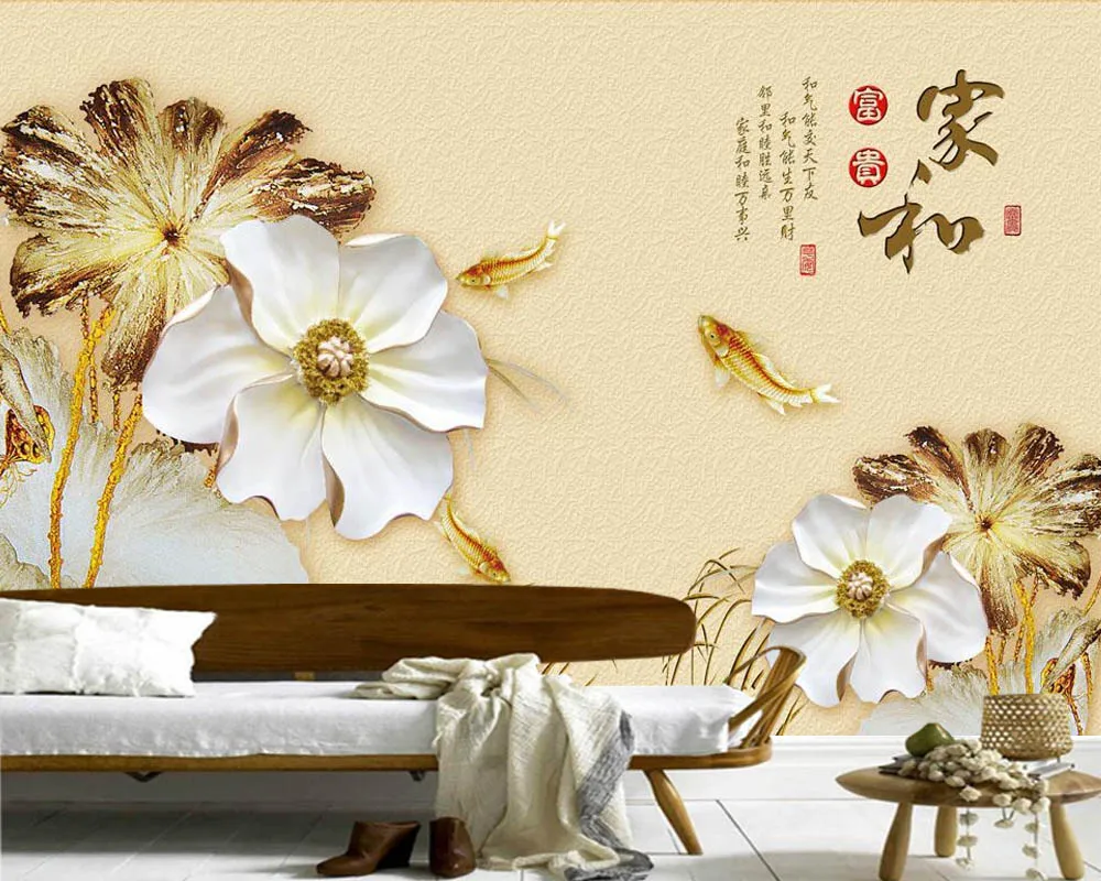 

Papel de parede Chinese style lotus goldfish 3d wallpaper mural ,living room TV sofa wall bedroom kitchen wall papers home decor