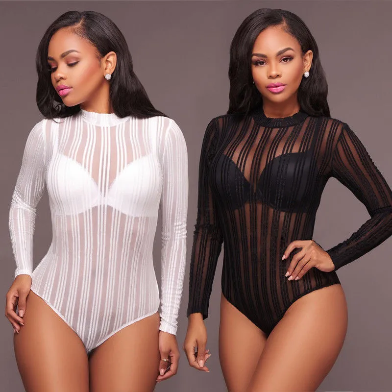 2017 Stretchy Turtleneck Long Sleeve Sexy Bodysuit New Spring Mesh Bodysuit for Women 