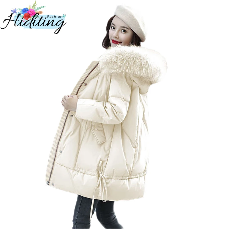 

Women Down Jacket Winter Medium long Coats 2019 New Fashion Warm Overcoat Large Fur Collar Female White Duck Down Jackets WIN54