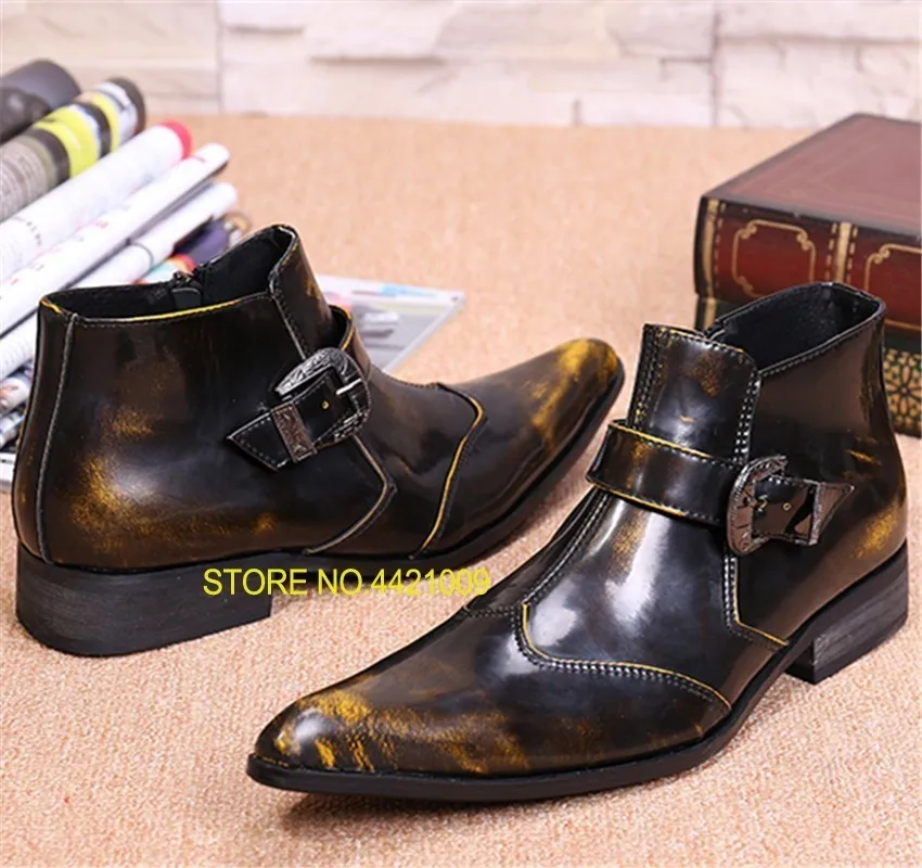

Bronze Genuine Leather Men Ankle Boots Pointed Toe Autumn Military Boots Wedding Shoes Cowboy Boots Work Booties