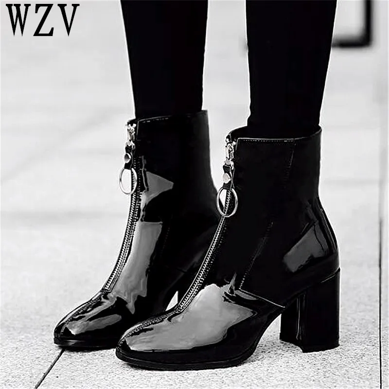 

Warm Winter Ankle Boots Front Zipper Women Boots Punk Motorcycle Boots Patent Leather Women Vintage Square Toe High Heels Boots