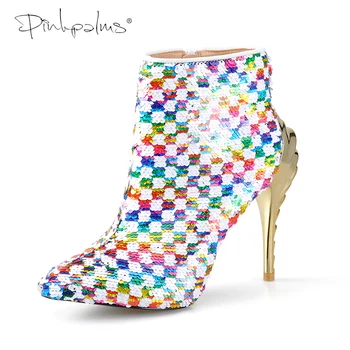 

Pink Palms Shoes Women Winter Boots White Multi Color Sequined Cloth High Heels Ankle Boots Pointed Toe Snow Casual Women Boots