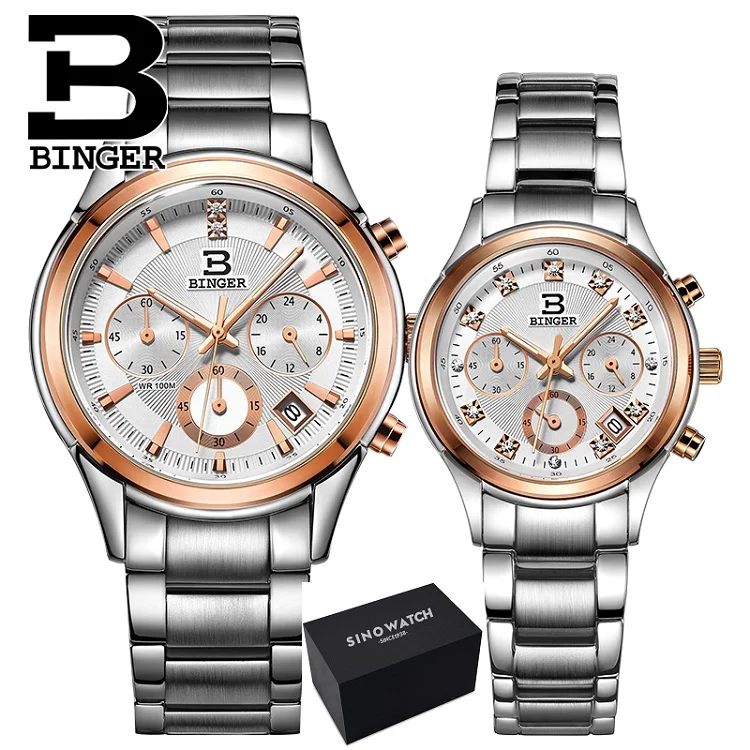 Binger, пара часов, швейцарские Роскошные Кварцевые водонепроницаемые мужские часы с ремешком из натуральной кожи, наручные часы с хронографом BG6019 - Цвет: CoupleEPLUS-Original