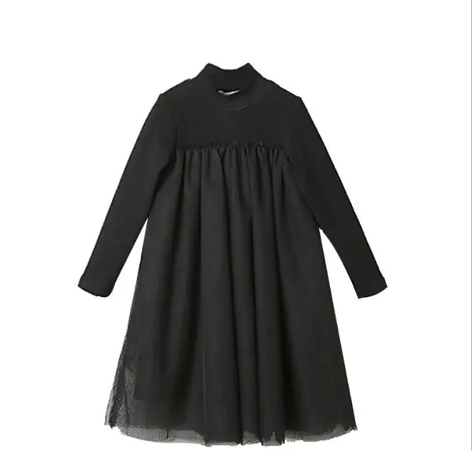 Осень-зима, базовое платье из сетчатой ткани с длинными рукавами для девочек, детское черное праздничное платье принцессы с высоким воротником - Цвет: black