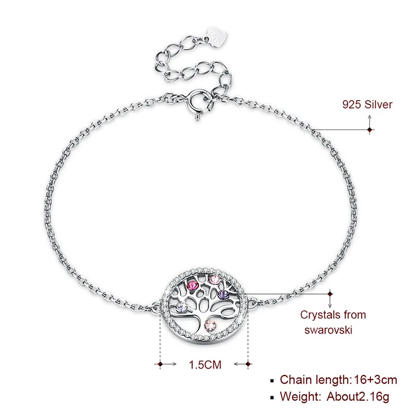 Браслет «Древо жизни» с кристаллами Swarovski для женщин, элегантный 925 пробы, серебряная цепочка, браслеты, аксессуары, свадебные украшения