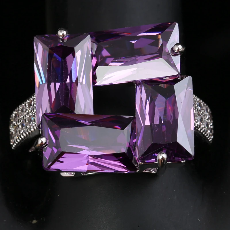 Four Dimensional Square Purple Zircon White Gems Silver Plated Argent Jewelry Ring US# Size 6 / 7 8 9 S1676 | Украшения и
