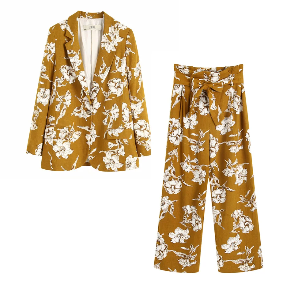 

Women Casual Print Pant Suits 2019 Summer Long Sleeve Single Button Blazers Coats and Drawstring Bow Trousers Pant Suits Clothes