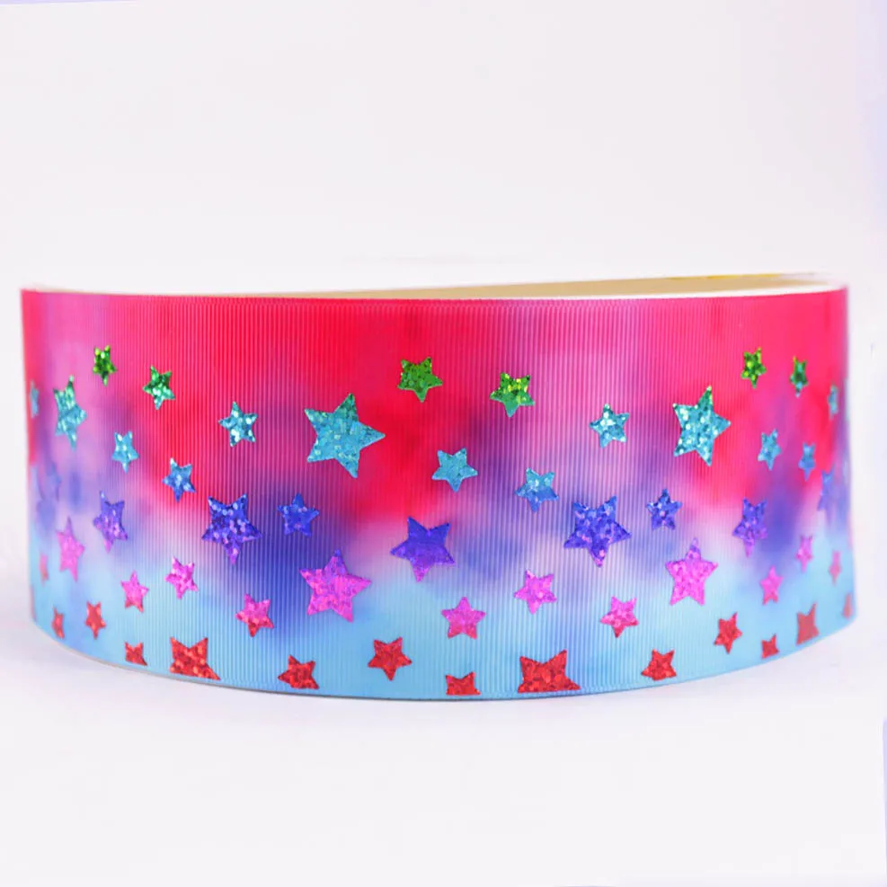 

3" 75mm rainbow hologram laser foil stars grosgrain polyester ribbon for DIY gift wrap accessaries 10Y and 50Y/lot