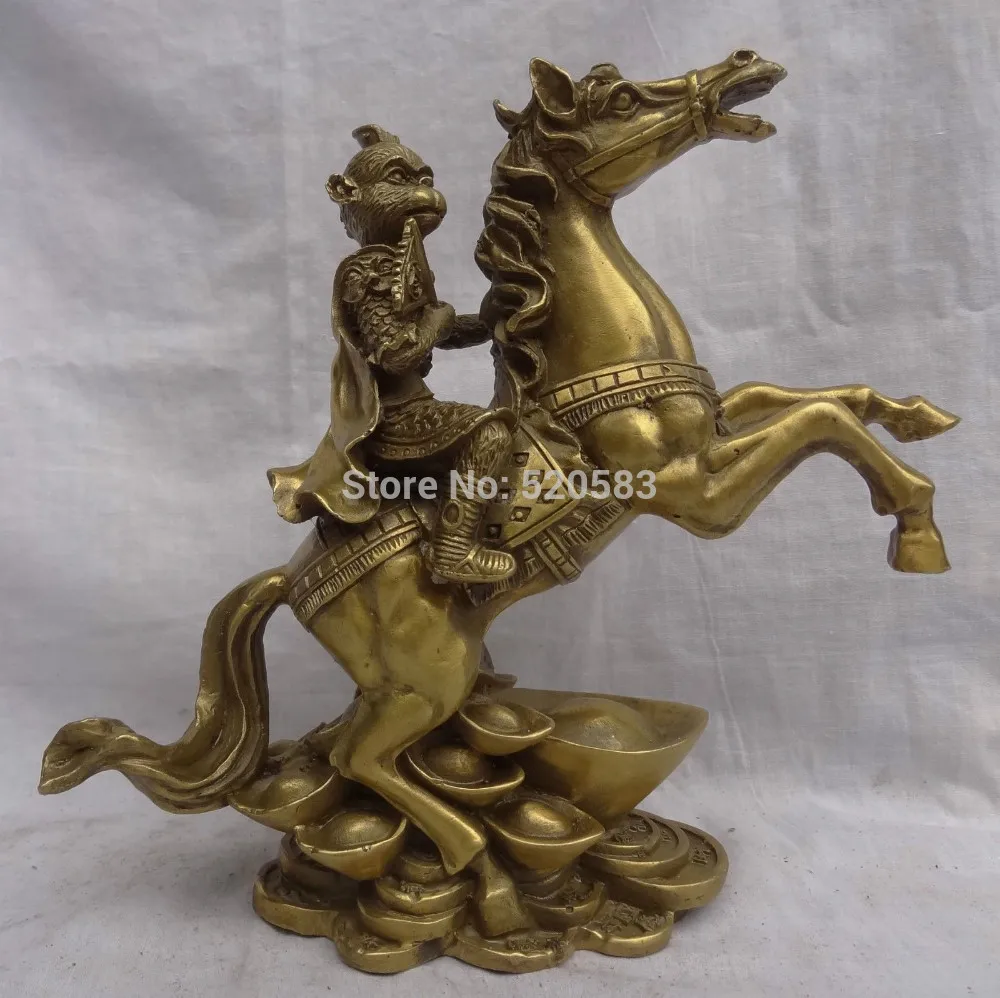 

free 10" China Zodiac Pure Brass Wealth YuanBao Monkey SunWuKong Ride Horse Statue fast