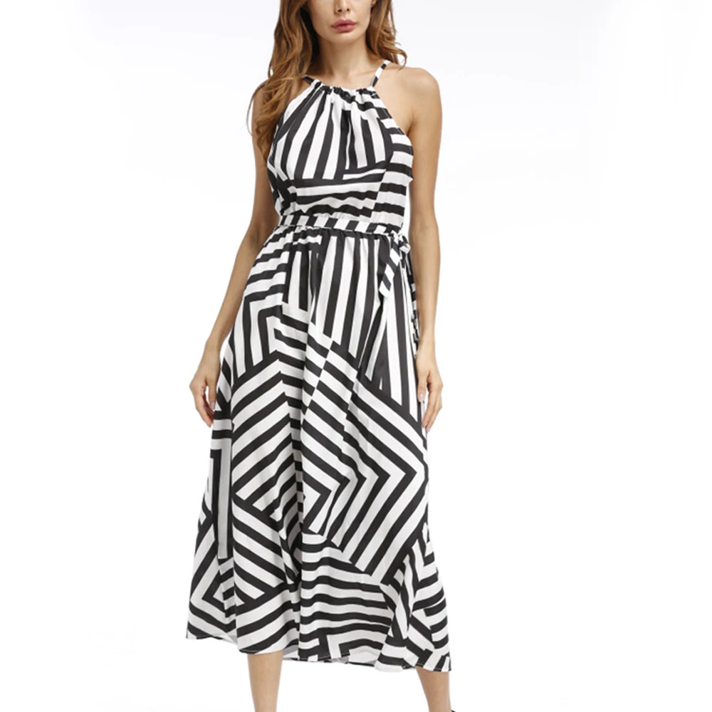 Faylisvow Black White Geometry Printed Maxi Dress Sexy Halter Sleeveless Summer Boho Dresses