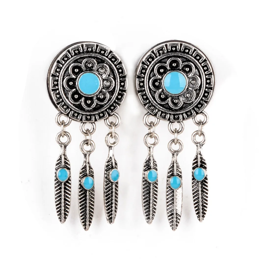 Boho Punk Tassel  Ear Flesh Tunnel Expander 1Pair Vintage Dreamcatcher Feathers Dangle Ear Plug Women Body Piercing Jewelry