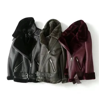 

Winter Faux Lamb Leather Jacket Women Faux Leather Wool Fur Collar Lapel Jacket Coats Female Warm Thicken Outerwear Warm Coat