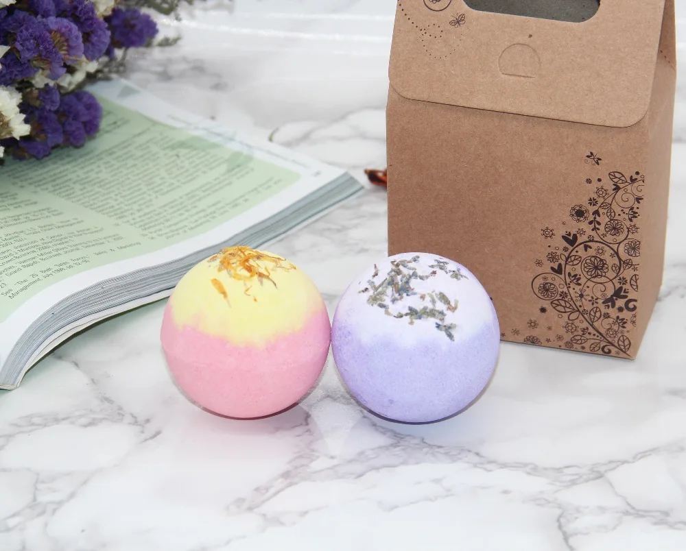 

2X120g Organic Bath Bombs Dried Flower Petals Round Sea Salt Moisturizing Lavender Rose Handmade SPA Christmas Gifts Bath Salts