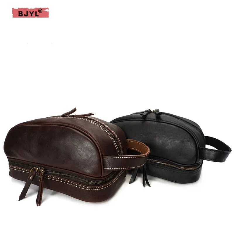

BJYL Genuine Leather Men makeup oil package European and American retro handmade zipper multi-functional men's leather handbag
