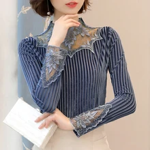 Зима Осень Модные женские кружевные воротники 3xl с длинным рукавом велюровые футболки, осенние женские элегантные флисовые плотные топы футболки