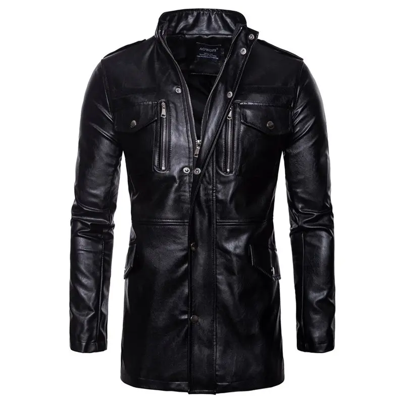 

2019 Fall Black Gothic Plus Size 5XL Casual Men Jackets Slim PU Stand Collar Button Pocket Streetwear Overcoats Mens Coats