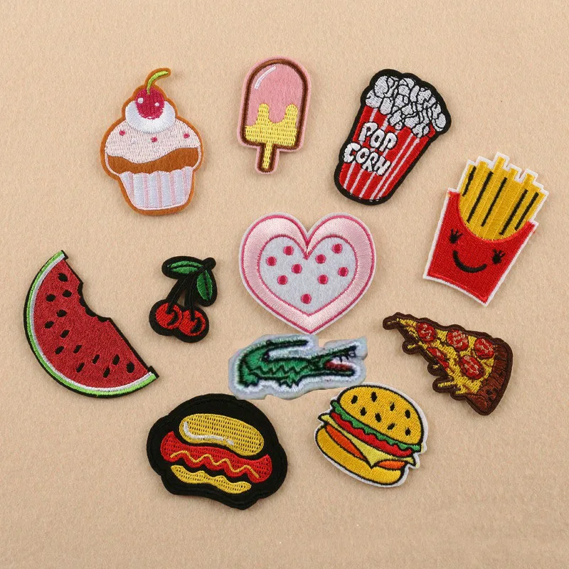 

100 Pcs/lot Small Embroidery Patches Designers Letter Cloth Sticker Heart Food Hamburger Cherry Sewing Accessories Wholesale
