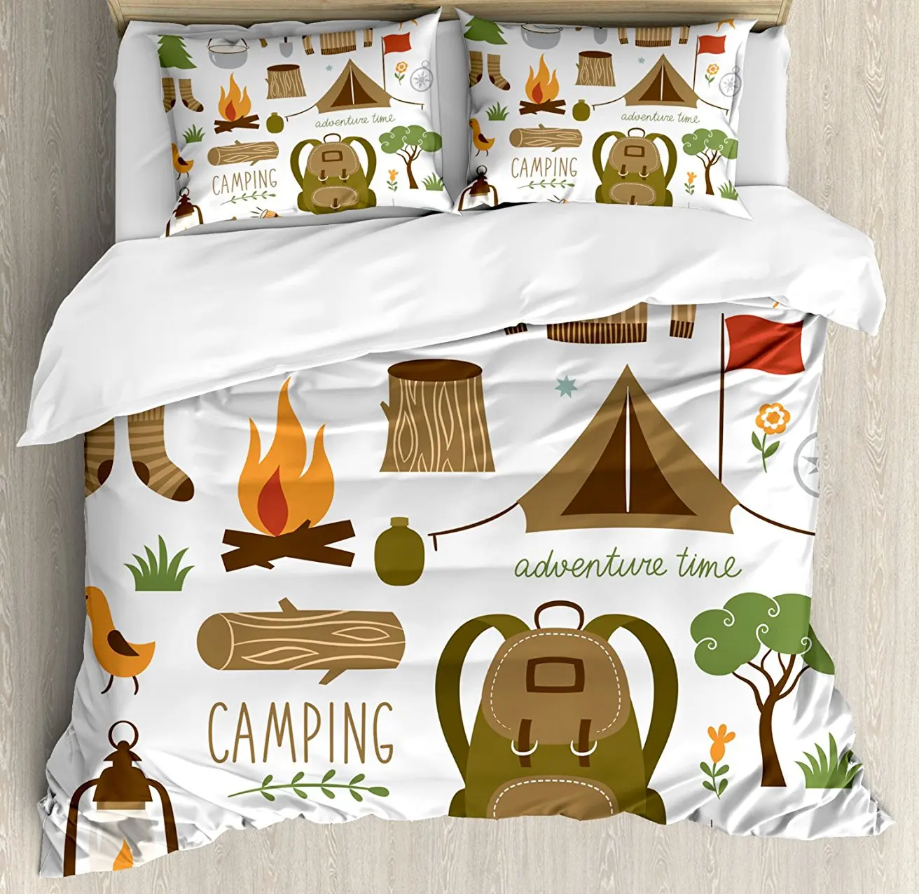 

Duvet Cover Set Camping Equipment Sleeping Bag Boots Campfire Shovel Hatchet Log Artwork Print, 4 Piece Bedding Set