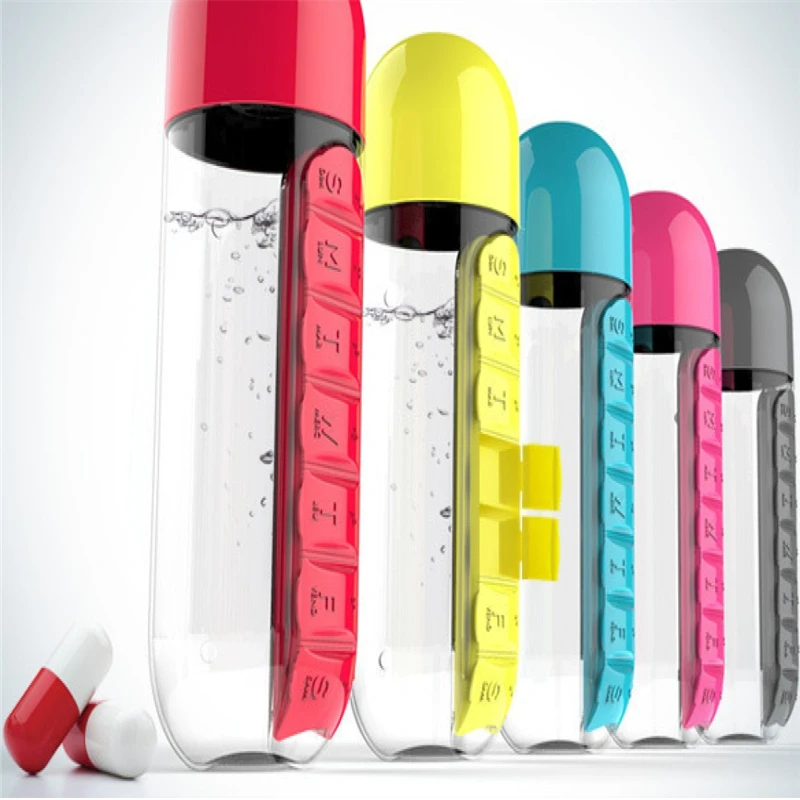 Creative 2 in 1 600ml Water Bottle with 7 Day Portable Pill Box