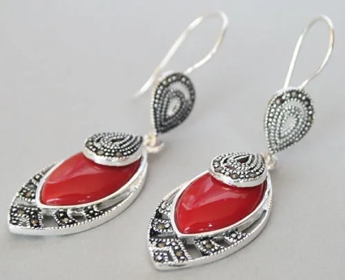 

21/5" Vintage New 925 Silver Red Coral Marcasite Hook Earrings