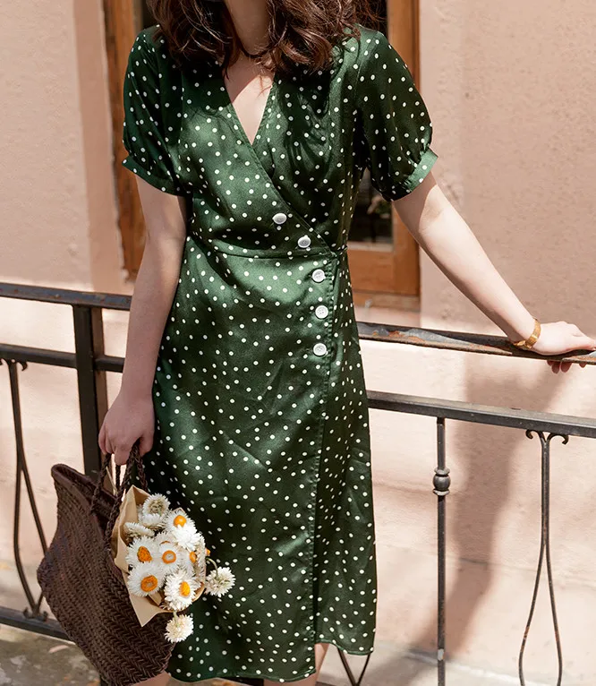 

Dots Print V Neck Dress Elegant Summer Chic Vintage Green White Button Dresses
