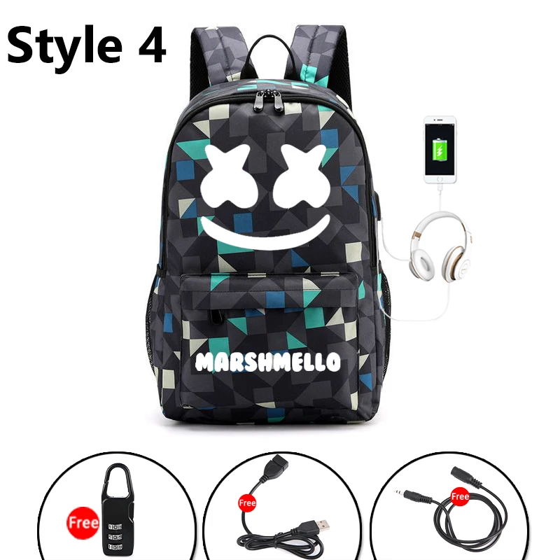 Marshmello рюкзак DJ для подростков мальчиков и девочек Школьный рюкзак Противоугонный Usb мужские яркие сумки Противоугонная Usb мужская сумка