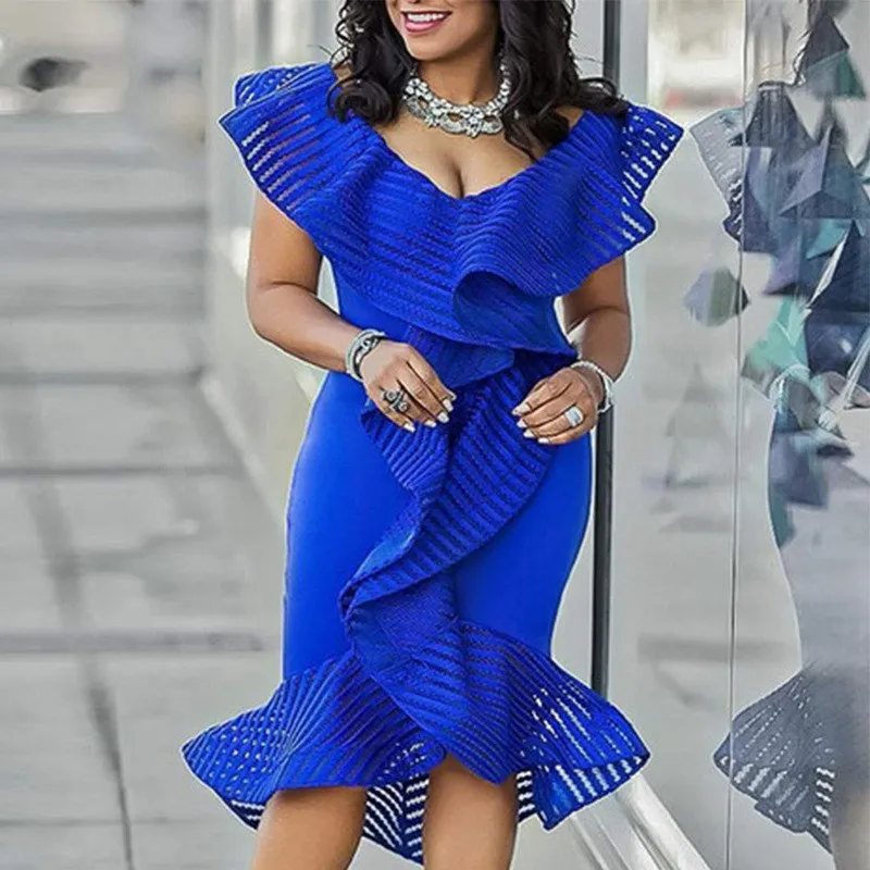 

2019 Summer Women V Neck Ruffles Mermaid Party Dress Sexy Club Patchwork Solid Asymmetric Dress Cloak Sleeves Bodycon Dresses