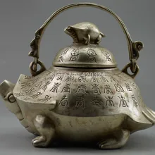 Старый Ручная Тибет серебряные Резные черепаха большой чайник изысканный Мрамор Книги по искусству Редкие Винтаж украшения Настоящее тибетское серебро латунь