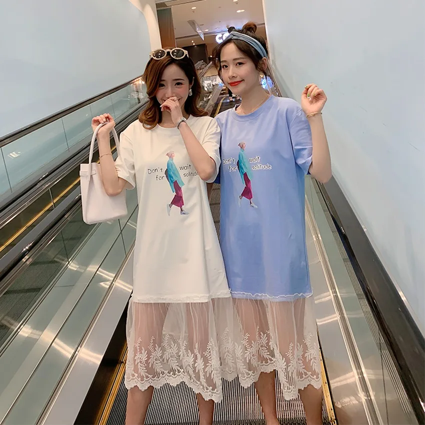 

2019 new Korean version of maternity dress cotton stitching mesh hot mom dress cartoon print pregnancy skirt