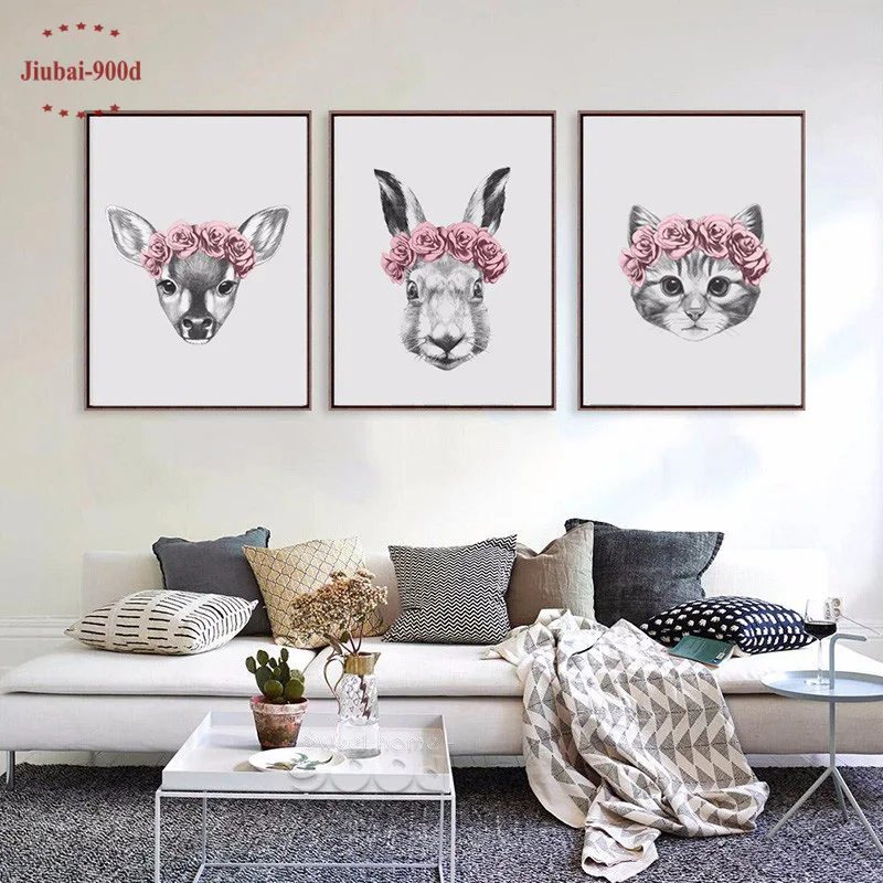 Image Hand Draw Animals Art Print Painting Poster, Wall Pictures for Home Decoration, Rabbit and Deer and Cat Wall Decor FA403