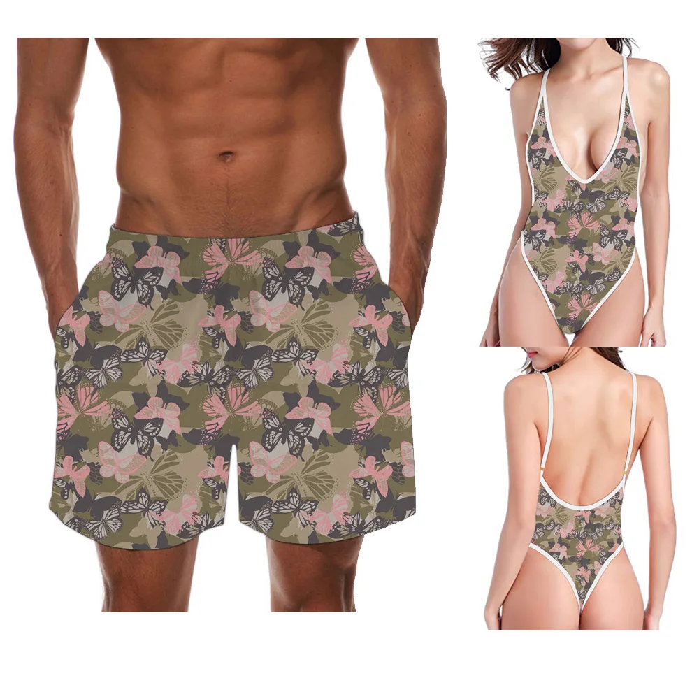 

INSTANTARTS 2019 New Style Women High Cut Monokini Man Swimming Trunks Butterfly Camouflage Pattern Couples Swimsuits Beachwear