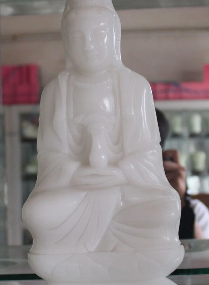 free shipping 12" Chinese Natural White Jade Buddhism Vase Kwan Yin