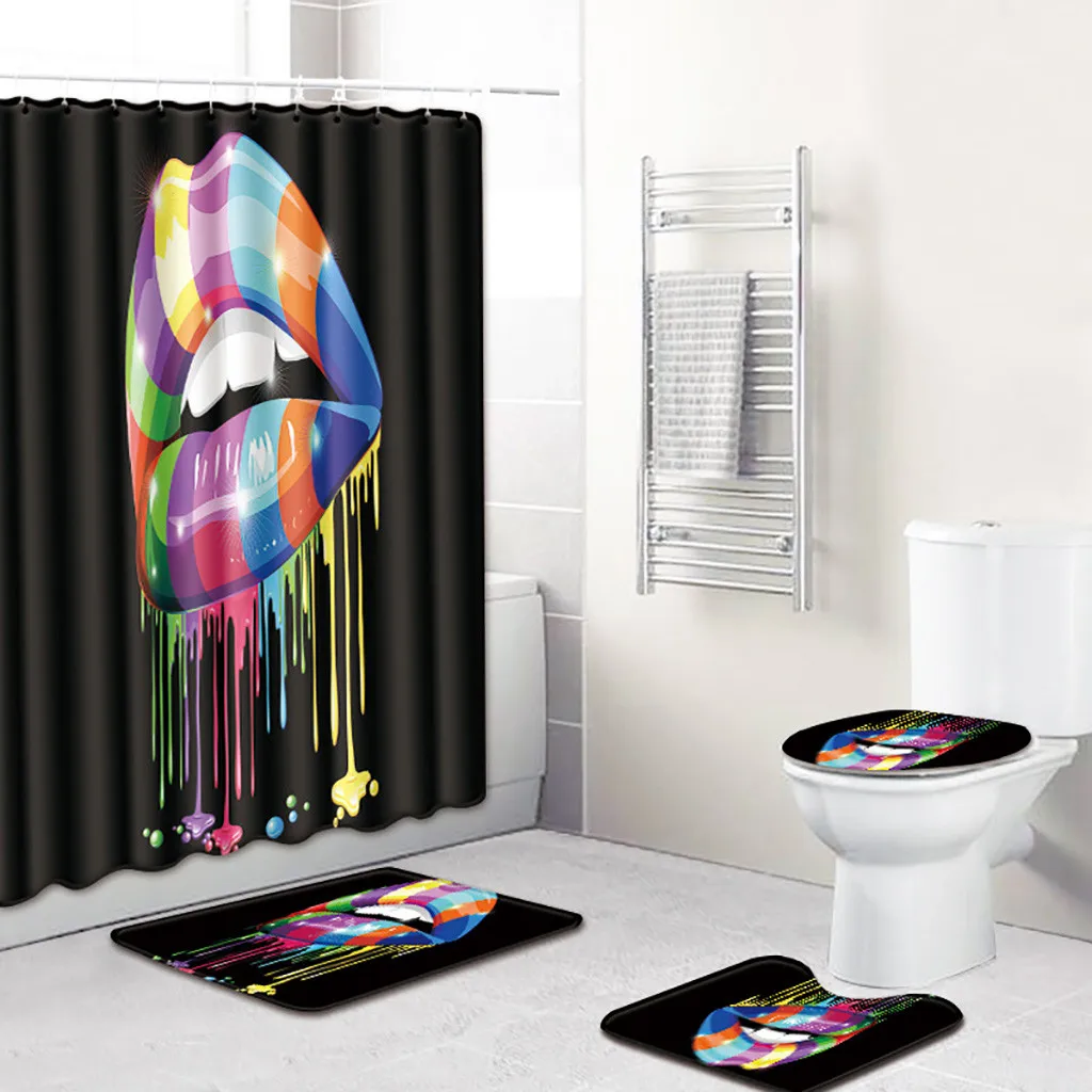 Красочные занавески для ванной комнаты, набор душевых занавесок с ковриком, набор сексуальных губ, аксессуары для ванной комнаты, украшения для ванной комнаты, 4 шт., F802