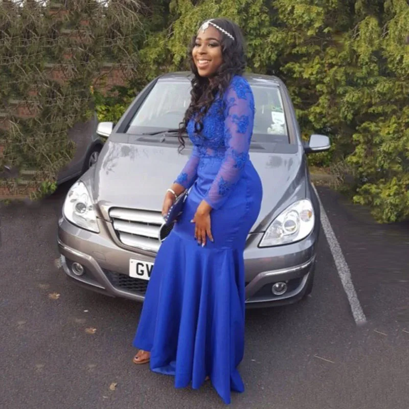 Royal Blue African Mermaid Evening Dresses Long Sleeves Large Size Evening Dress O Neck Illusion Zipper Back Muslim Evening Gown