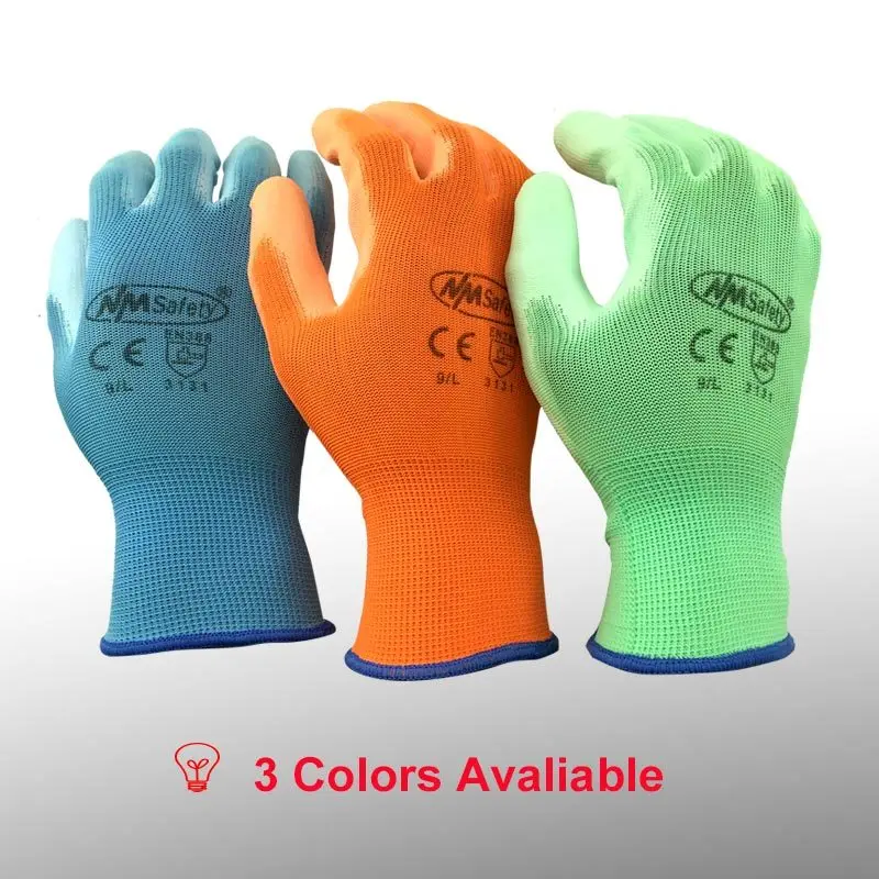 NMSafety красочные полиэфирные Хлопковые вязаные с покрытием PU резиновые защитные перчатки для ладоней защитные перчатки рабочие перчатки - Цвет: PU1350P  -Color