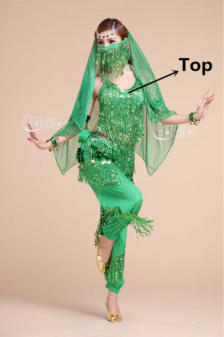 Набор костюма для танца живота женщин для выступления Болливуд соревнований сексуальные блестки Топы Индия фламенко Сальса Восточный танец живота - Цвет: Green 1pcs