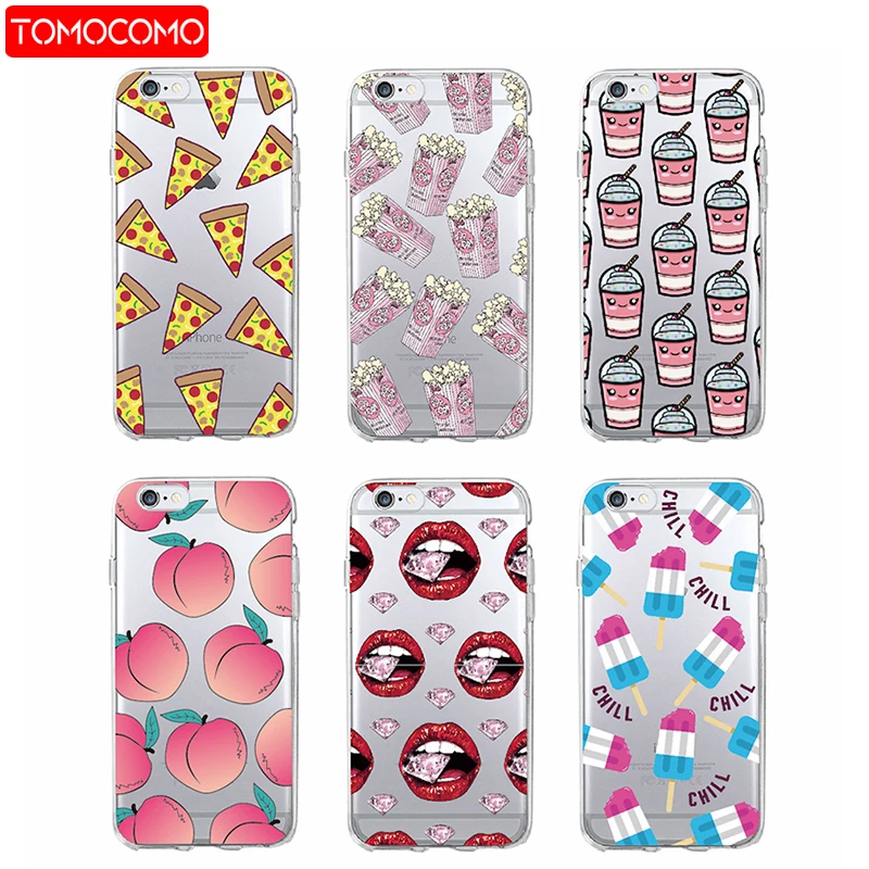 

For iPhone 11 Pro 7 7Plus 6S 6Plus 8 8Plus X X XS Max Pizza Peach Popcorn Popsicle Lips Soft TPU Phone Case Cover Coque Fundas