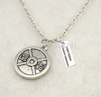 

Antique Silver plated 25LBS weight plate and PAIN TODAY STRENGTH TOMORROW charms necklace