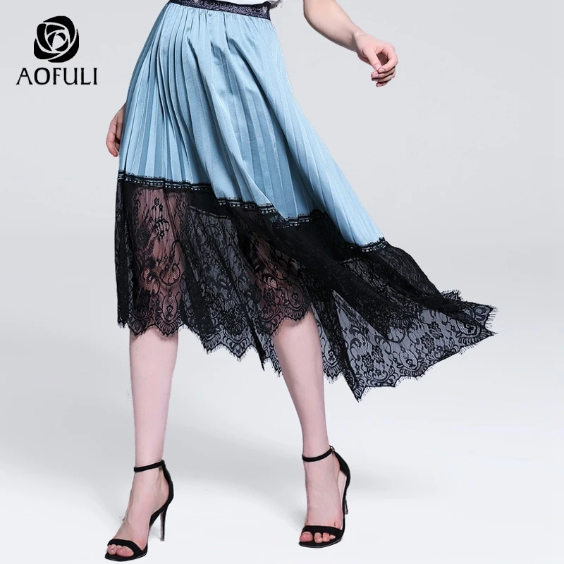 AOFULI L~ 4XL 5XL Большие размеры плиссированная юбка волнистая Цветочная кружевная строчка высокая низкая юбка женская летняя синяя Асимметричная миди юбка A3912