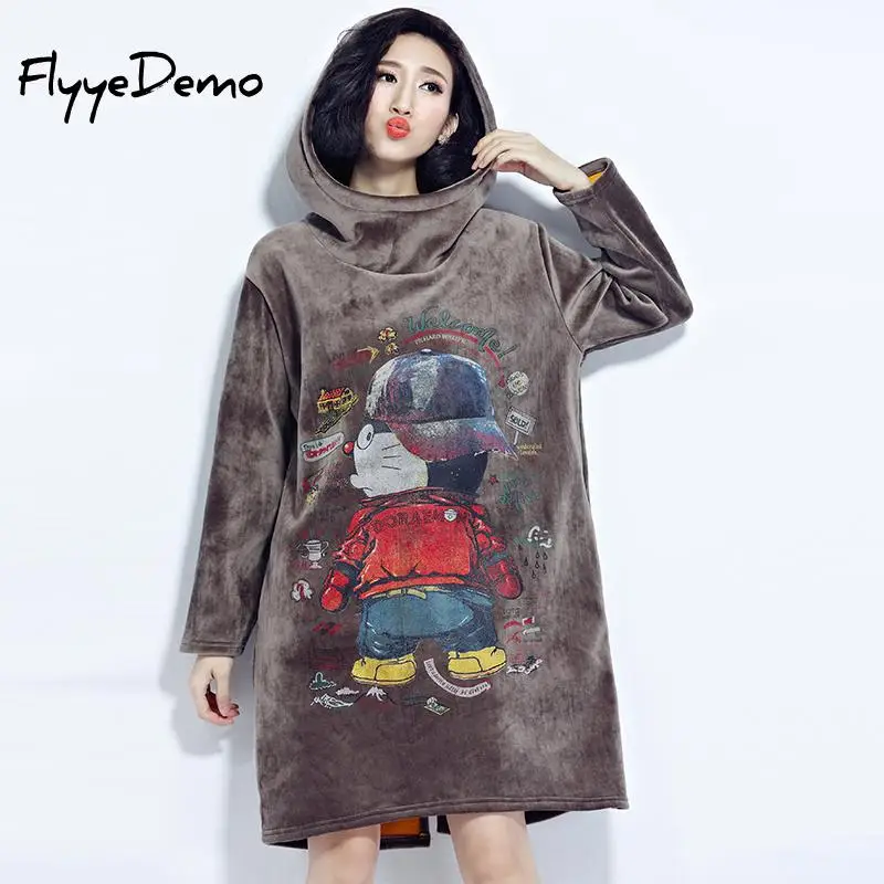 Plus Size 2018 Women Velvet Hooded Long Sweatshirt Dress